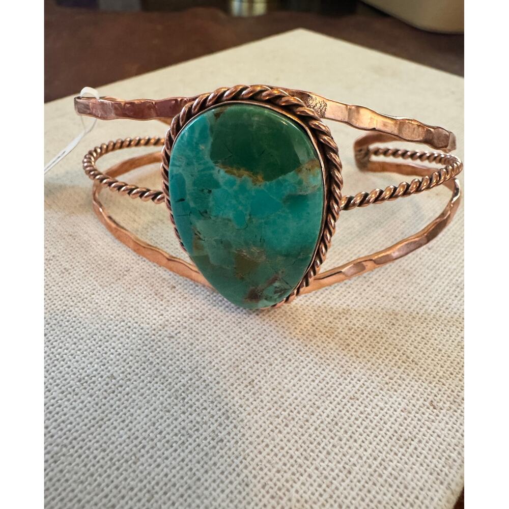 Green Mojave Turquoise Copper Cuff Bracelet Western Boho Artisan Statement